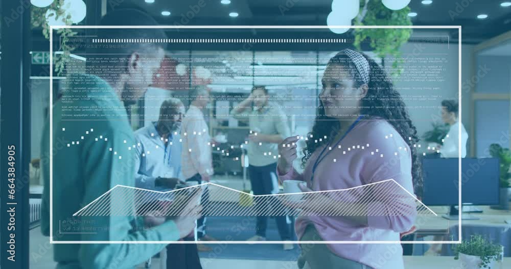 Animation of multiple graphs, loading bars, data, diverse coworkers discussing during tea break Animation of multiple graphs, loading bars, data, diverse coworkers discussing during tea break