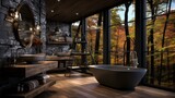Interior design of a modern bathroom in a farmhouse with a forest view