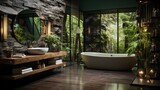 Interior design of a modern bathroom with greenery