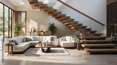 Interior design of a modern entrance hall with a staircase in a villa © Newton