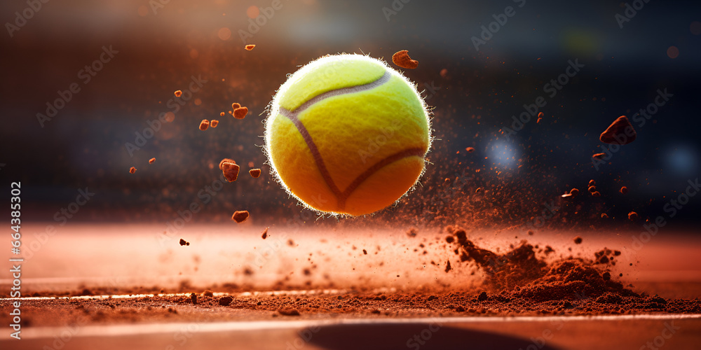 A tennis ball is burning in the air with flames on it Tennis ball hitting clay courts at speed made with A tennis ball in play during a tennis championship, generative AI

