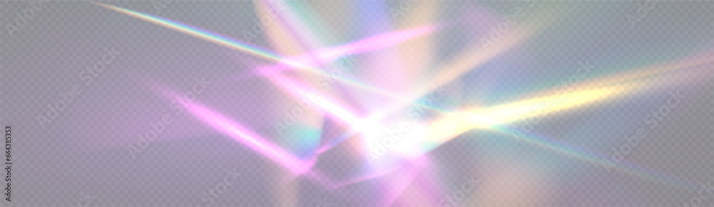Crystal rays of light, prism refraction, lens flare, crystal glass reflection effect. Prism vector, realistic light leak effect with spectral flare. Bright light banner, poster, template. - obrazy, fototapety, plakaty 