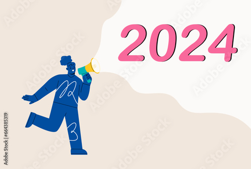 Happy New Year. Woman announces 2024 New Year numbers. Colorful vector illustration