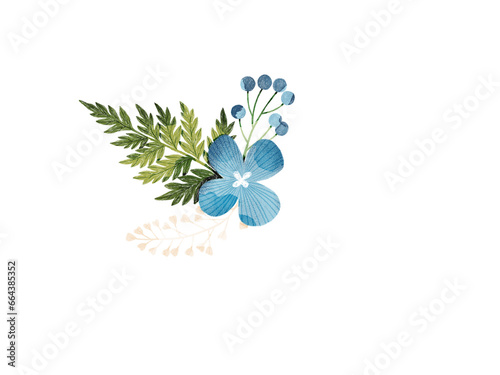 Floral composition with blue flowers, green leaves and ferns. Floral illustration. Floral decoration for wedding, invitations, cards, wall art.