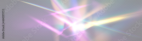 Crystal rays of light, prism refraction, lens flare, crystal glass reflection effect. Prism vector, realistic light leak effect with spectral flare. Bright light banner, poster, template.