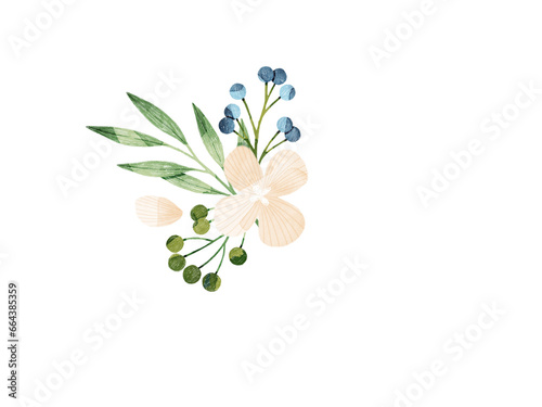 Floral composition with pink flowers, green leaves and ferns. Floral illustration. Floral decoration for wedding, invitations, cards, wall art.