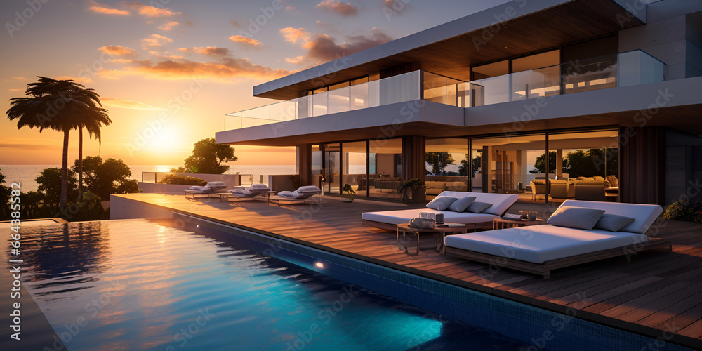 Gorgeous highend dwelling featuring a pool set against a stunning sunset Modern rectangular multistorey villa with swimming pool , generative AI
