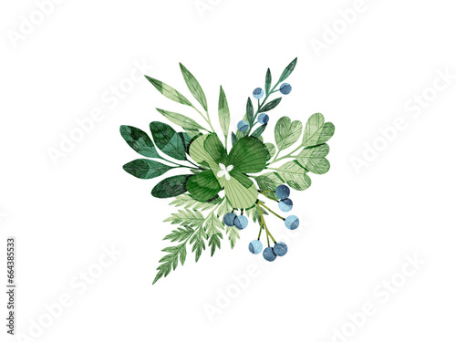 Floral composition with green flowers, green leaves and ferns. Floral illustration. Floral decoration for wedding, invitations, cards, wall art.