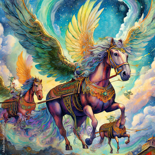 Envision a dreamy, celestial parade of winged horses of various sizes and colors, each pulling a chariot filled with mystical beings, as they journey across the sky © Ammara