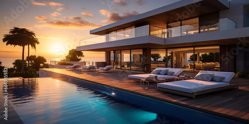 Gorgeous highend dwelling featuring a pool set against a stunning sunset Modern rectangular multistorey villa with swimming pool , generative AI 
