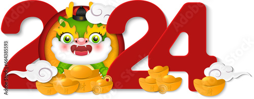 Fototapeta Naklejka Na Ścianę i Meble -  Chinese new year of 2024 cute cartoon character dragon holding gold ingot