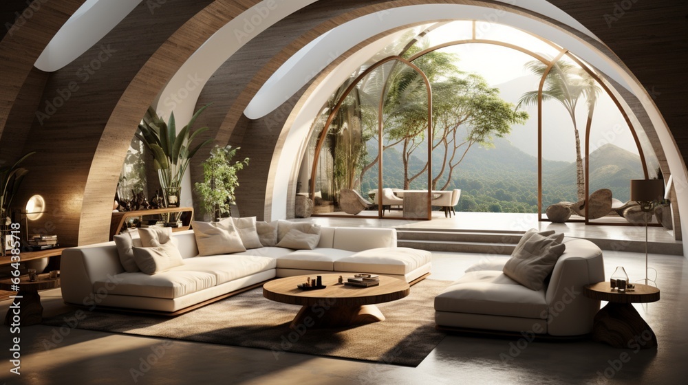 Interior design of a modern living room with an arch
