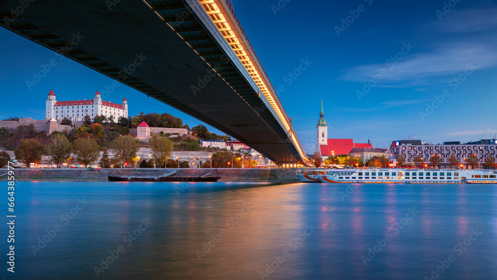 Bratislava, Slovakia. Cityscape image of Bratislava, capital city of Slovakia at twilight blue hour.