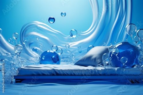 An azure fluid dashing into the water accompanied by bubbles on the water bed and a cobalt backdrop. Generative AI photo