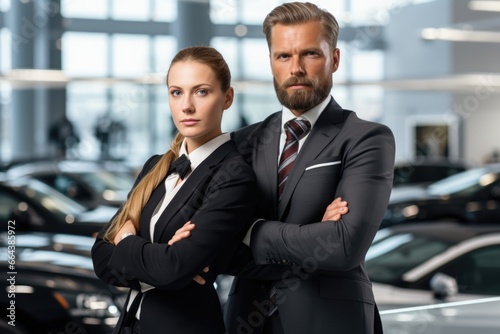 man and woman salespeople stand with their arms crossed in a showroom wearing suits happy.
