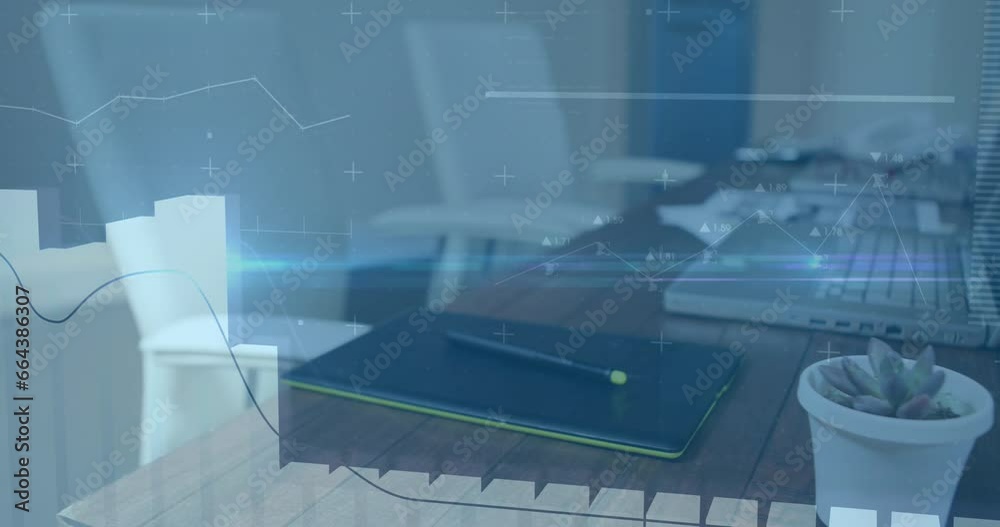 Animation of multiple graphs over unoccupied chairs, laptop and pen stand on desk Animation of multiple graphs over unoccupied chairs, laptop and pen stand on desk