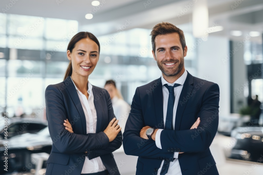 man and woman salespeople stand with their arms crossed in a showroom wearing suits happy.