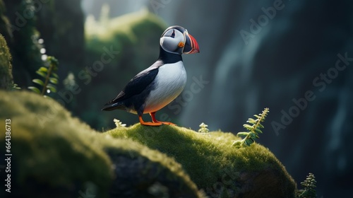 An Atlantic puffin perched on a mossy rock, its striking beak catching the light, in stunning