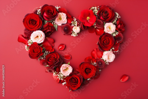 heart shape roses and ranunculuses frame on a red background, flat lay for Valentines Day