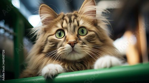 Calm domestic fluffy cat with green eyes resting on leather sofa. AI Generative photo