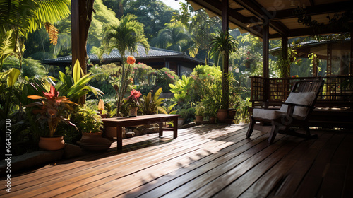 Calm and shady wooden balcony Surrounded by a tropical style garden. AI Generative © Fuji