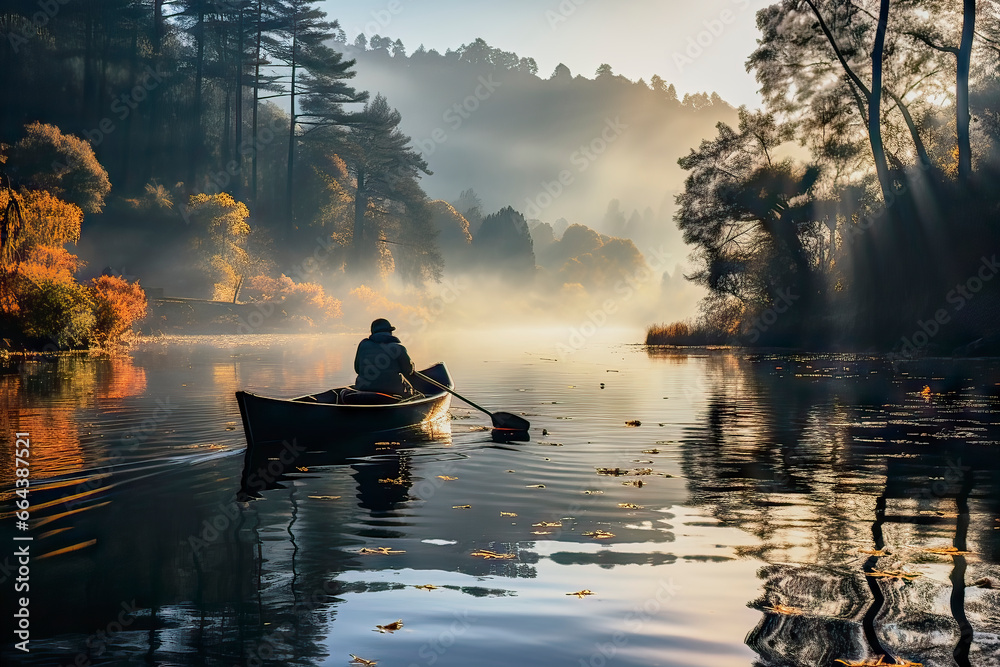 Man Rowing in a Rowboat Through Morning Mist on a Tranquil Autumn Lake, Autumn Ambiance Man Rowing in a Rowboat Through Morning Mist on a Tranquil Autumn Lake, Autumn Ambiance