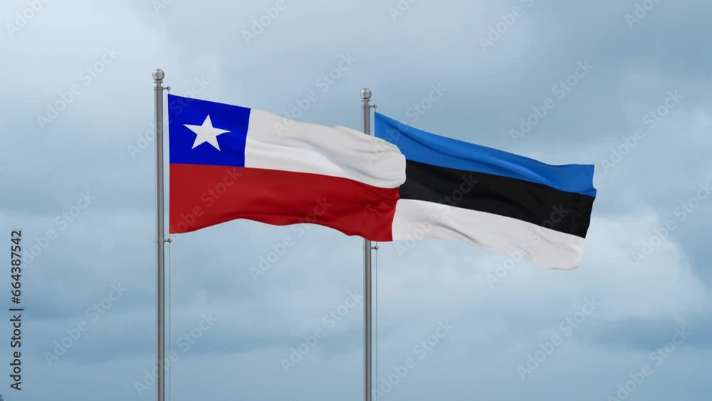 Estonia flag and Chile flag waving together on cloudy sky, endless seamless loop, two country relations concept Estonia flag and Chile flag waving together on cloudy sky, endless seamless loop, two country relations concept