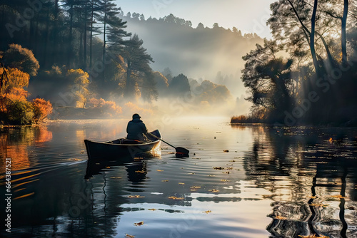 Man Rowing in a Rowboat Through Morning Mist on a Tranquil Autumn Lake, Autumn Ambiance