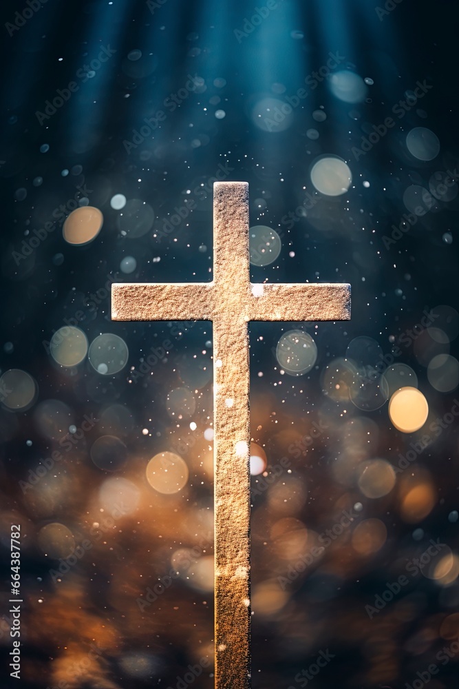 Beautiful gold bokeh background with a christian cross