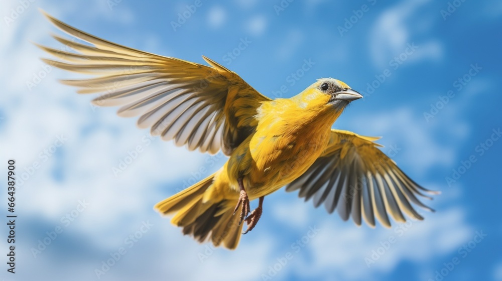 A close-up of a yellow bird with intricate plumage, mid-flight against a blue sky.