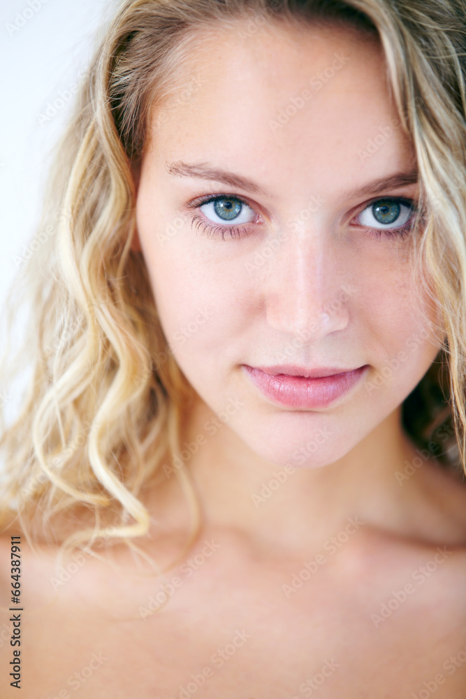 Portrait, skincare and natural beauty of woman for dermatology, cosmetic and spa treatment. Face, happy blonde girl and aesthetic, facial skin health or glow for wellness isolated on white background Portrait, skincare and natural beauty of woman for dermatology, cosmetic and spa treatment. Face, happy blonde girl and aesthetic, facial skin health or glow for wellness isolated on white background