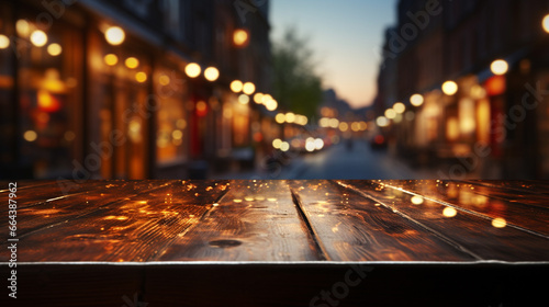 Wooden empty table in front, blurred cafe background. AI Generative