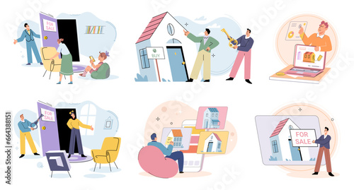 Buying and choosing housing. Vector illustration The choice between renting and buying depended on personal preferences The vector illustration depicted different types houses The estate agent guided