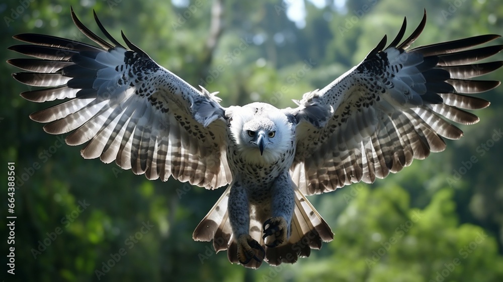 A harpy eagle in mid-flight, captured in incredible detail, displaying its wingspan and feathers in their full glory. - obrazy, fototapety, plakaty 