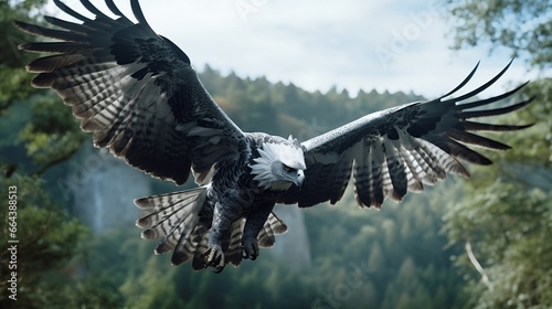 A harpy eagle in mid-flight, captured in incredible detail, displaying its wingspan and feathers in their full glory. photo