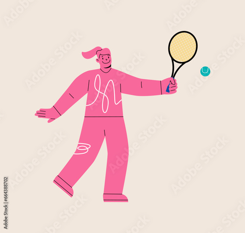 Tennis player woman with racket hits the ball. Colorful vector illustration