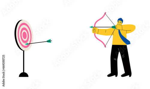 Business man shooting with bow. Flat vector illustration isolated on white background