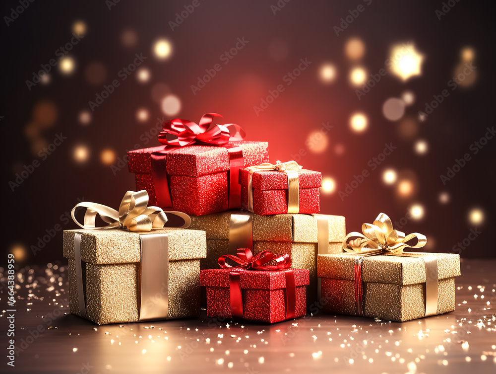 Fototapeta premium Tower of Christmas gifts on a dark background.