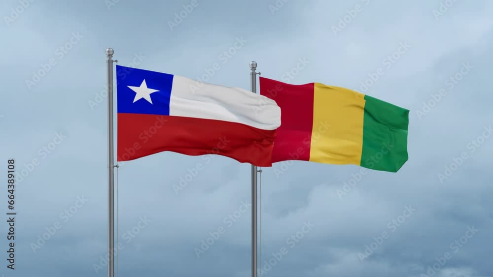 Republic of Guinea flag and Chile flag waving together on cloudy sky, endless seamless loop, two country relations concept Republic of Guinea flag and Chile flag waving together on cloudy sky, endless seamless loop, two country relations concept