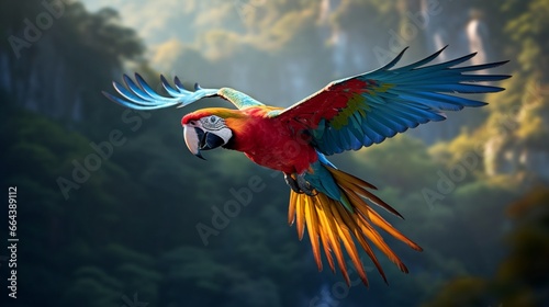 A mesmerizing, high-resolution 8K image of a macaw in mid-flight, capturing the grace and beauty of its wingspan. © Anmol