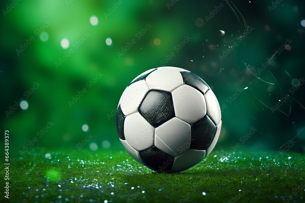 Fototapeta premium A soccer ball successfully nestled into the goal with green background, marking a point or a victorious moment in a game.