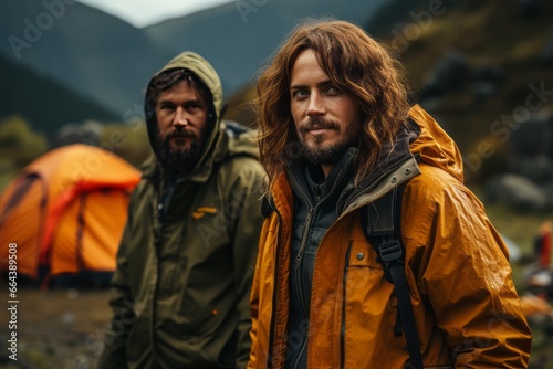 Portrait of happy young men in the mountains against the backdrop of a tent camp. Caucasian guys in outwear are engaged in a mountain hike. Active lifestyle, tourism and vacation concept.