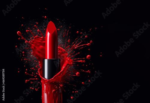 Red lipstick in a splash of red on a black background 