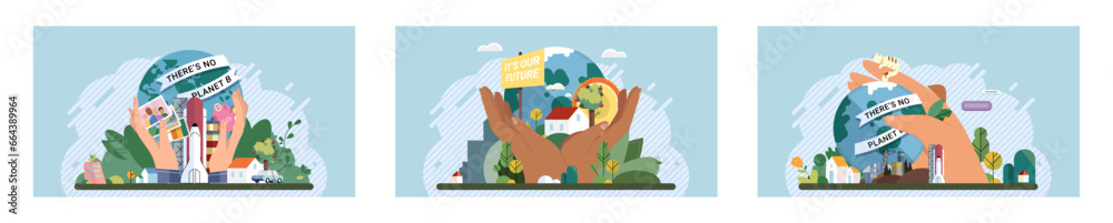 Fototapeta premium Climate change. Save the planet. Vector illustration Choose renewable resources to make positive impact on climate change On World Environment Day, lets commit to fostering healthier environment