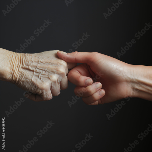 handshake hand geben symbolisch alt neu alte menschen junge menschen alte haut runzelig straffe haut, junger mensch reicht alten menschen die hand - fiktkiv generative ki ai 