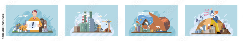 Naklejka premium Industrial pollution. Dirty waste. Environmental pollution. Vector illustration. Smokes with smog are becoming synonymous with urbliving Trash emission is visible sign our consumption habits