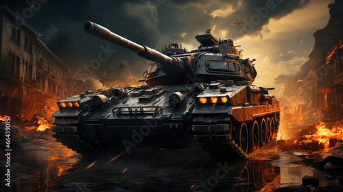 Tank as a defense mission. Explosion and destructions caused by war. Army battle, artillery weapons force conflict