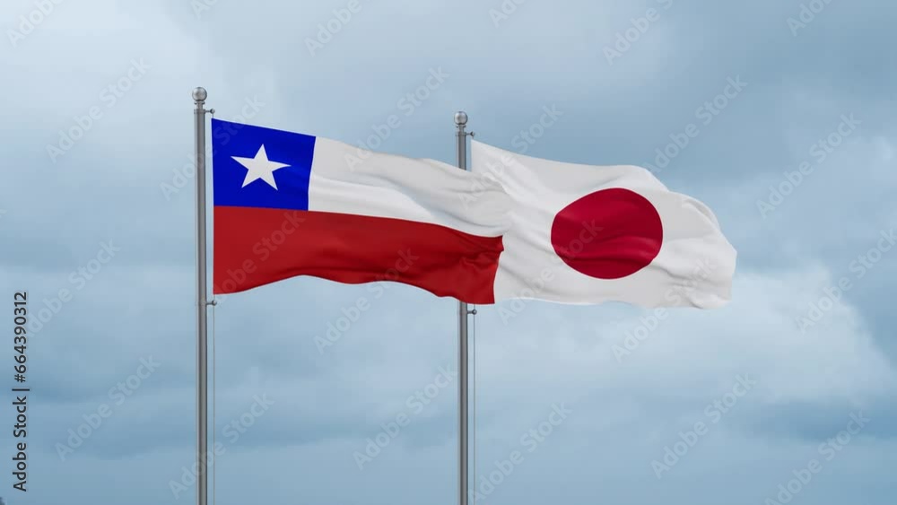 Japan flag and Chile flag waving together on cloudy sky, endless seamless loop, two country relations concept