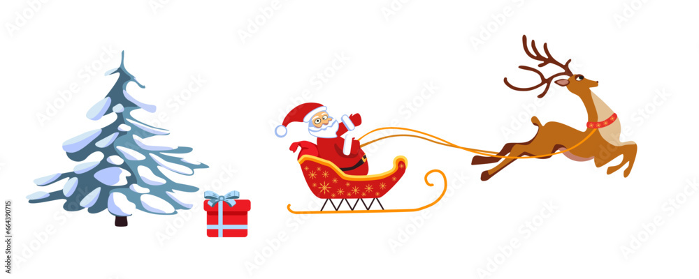 Fototapeta premium Set of vector Christmas stickers Christmas tree Santa Claus, deer, gift.