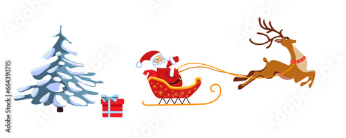 Set of vector Christmas stickers Christmas tree Santa Claus, deer, gift.